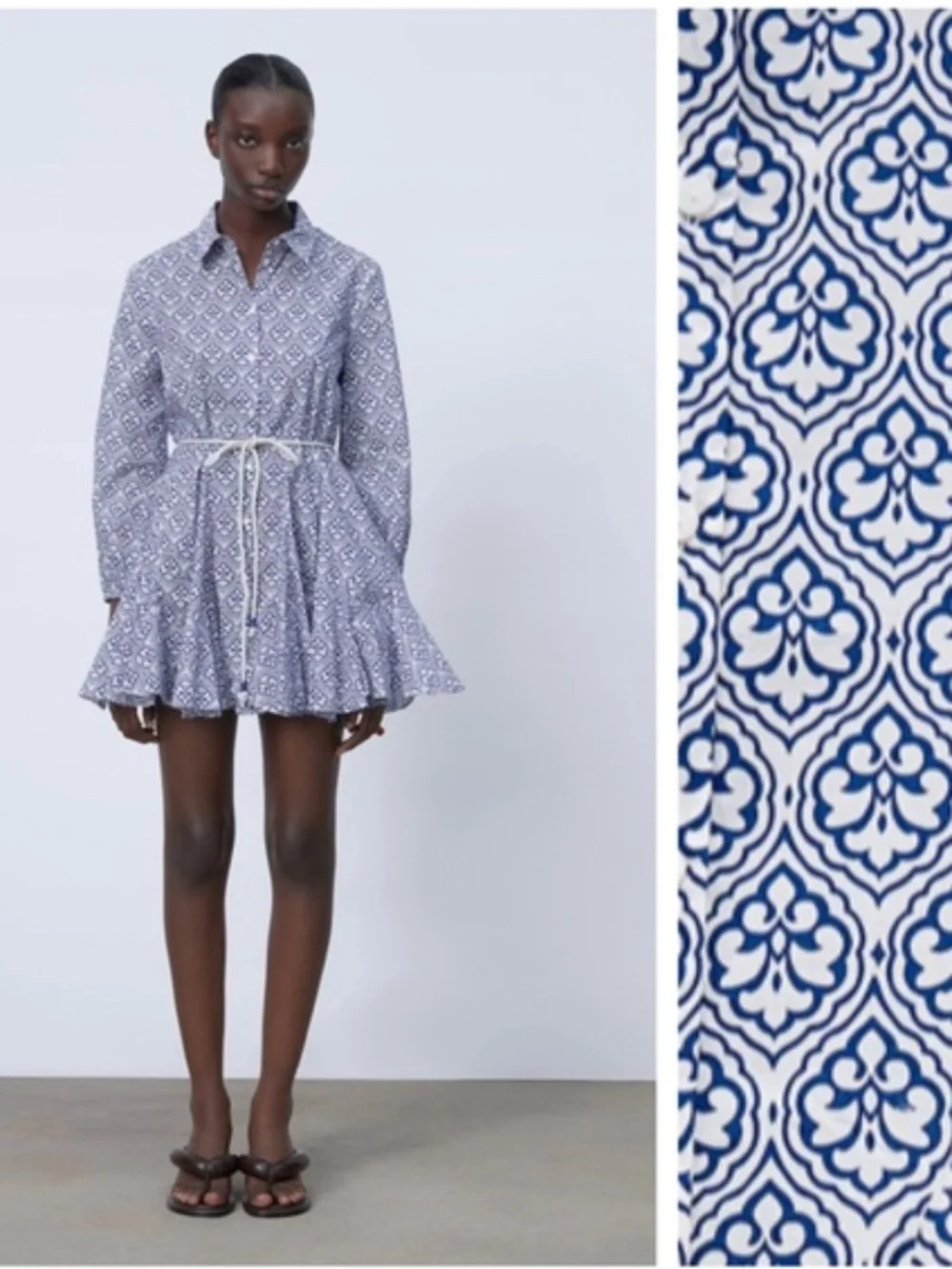 NWT [Zara] Button Down Blue White Tile Shirt Mini Dress Rope Belt | Medium - Picture 3 of 14